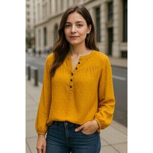 Shein Textured Blouse XL Mustard Yellow Long Sleeve Button Front Boho Fall Style